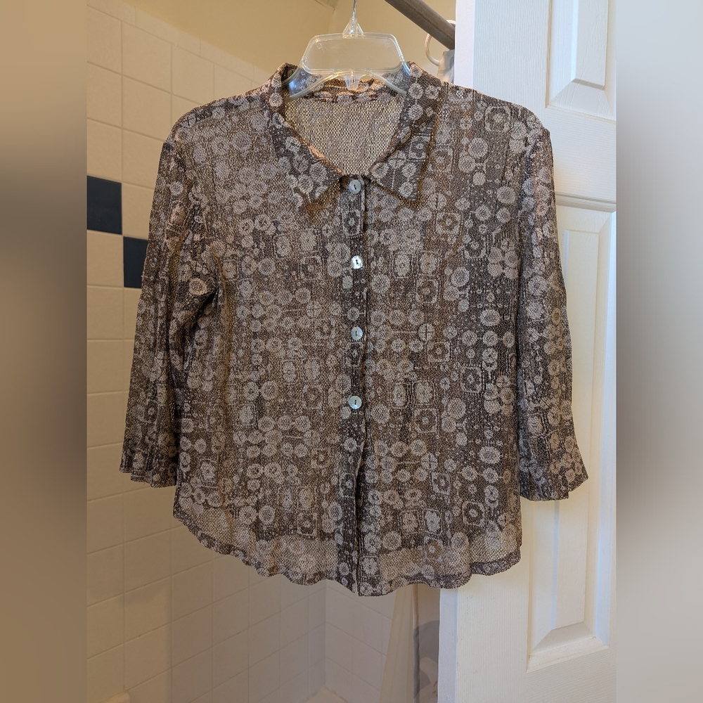 Brown beige Mesh button up shirt geometric floral pattern Size M